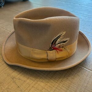 Vintage Broner Tan Fedora Hat with Feather Accent